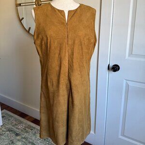 Saks Fifth Avenue Leather Wool Cognac Tan Shift Dress Sz L 915